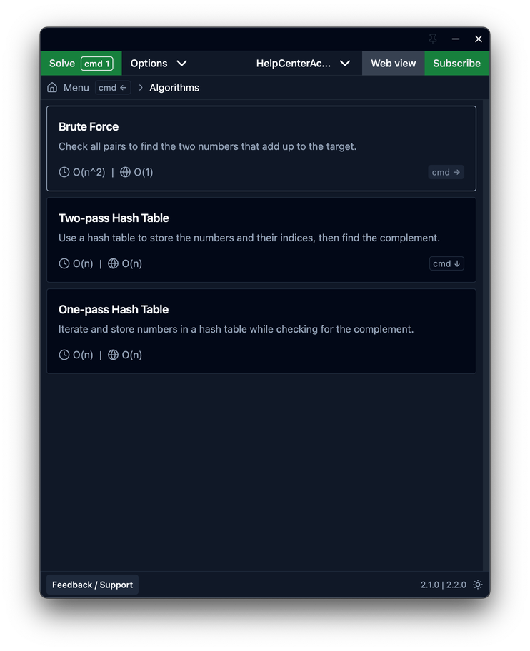 Algorithm selection screen